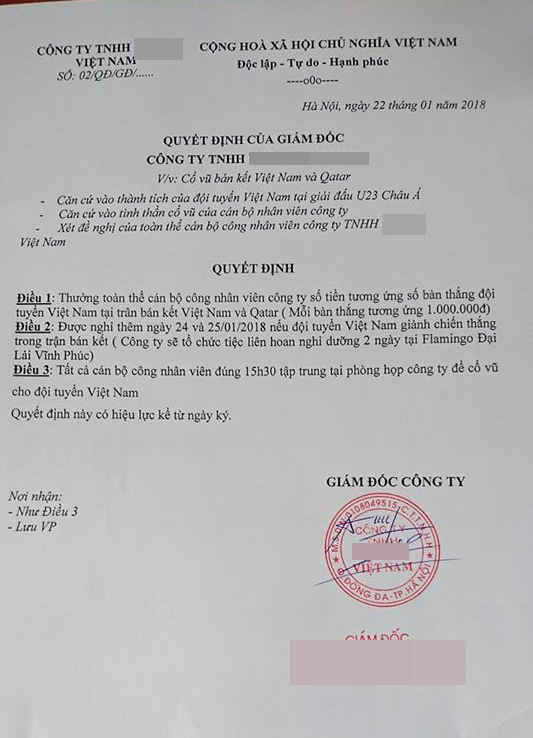 Trước thềm bán kết U23 Việt Nam gặp Qatar: Hàng loạt công ty cho nghỉ làm, thưởng 1 triệu cho mỗi nhân viên tương đương bàn thắng VN ghi được