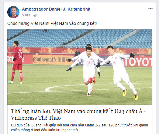 Đại sứ Mỹ chúc mừng đội tuyển U23 Việt Nam giành chiến thắng vang dội, vào chung kết U23 châu Á