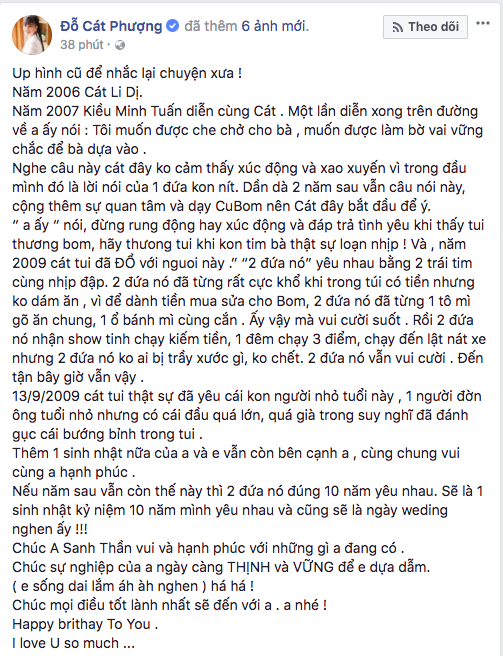 Cát Phượng chúc mừng sinh nhật Kiều Minh Tuấn kèm lời nhắn ngọt ngào: 